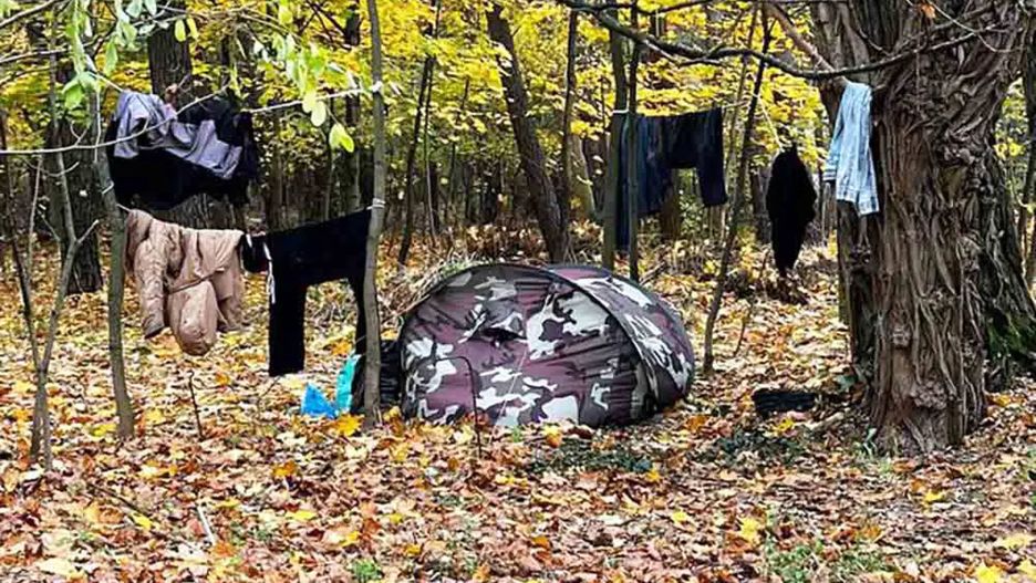 Bezdomny koczuje w namiocie w Niwiskach