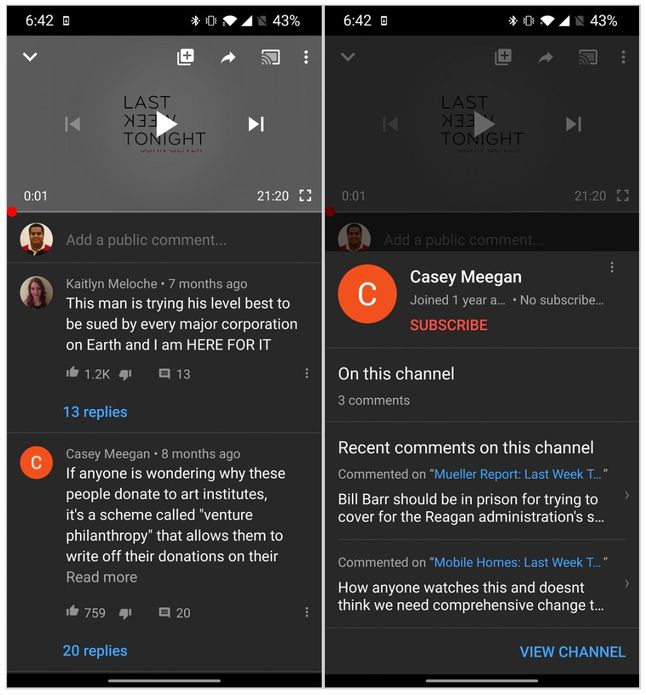 Nowy sposób wyświetlania informacji o komentujących w aplikacji YouTube, źródło: XDA Developers.