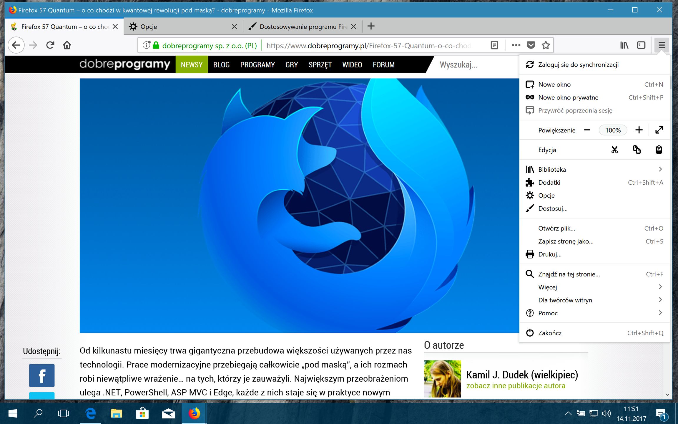 Firefox 57 – menu główne