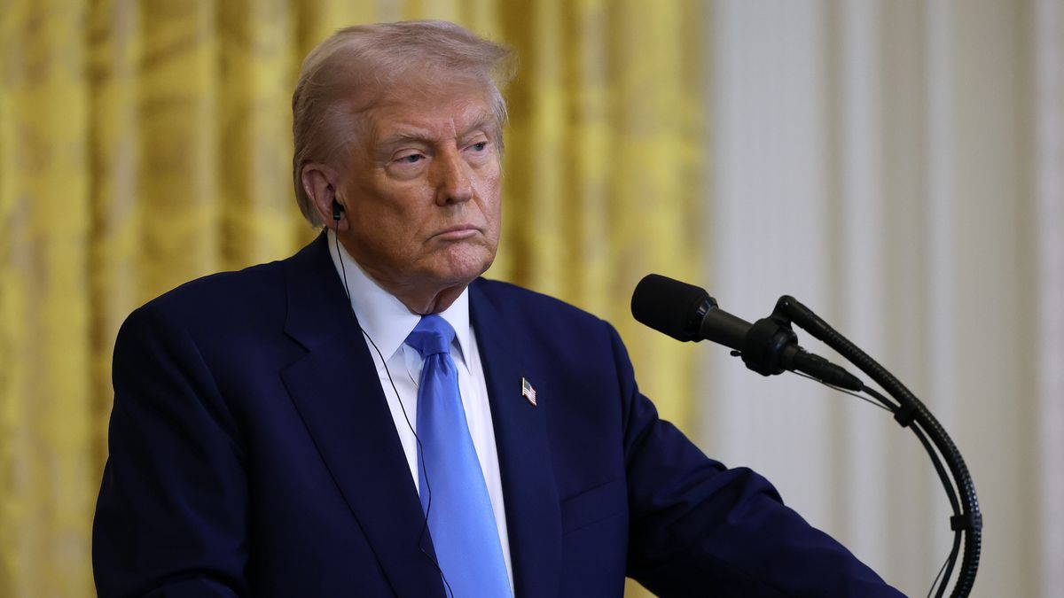 WASHINGTON, DC - FEBRUARY 24: U.S. President Donald Trump listens to a reporter's question during a joint news conference with French President Emmanuel Macron in the East Room of the White House on February 24, 2025 in Washington, DC. Macron is meeting with Trump in Washington on the third anniversary of Russia's full-scale military invasion of Ukraine. (Photo by Chip Somodevilla/Getty Images)