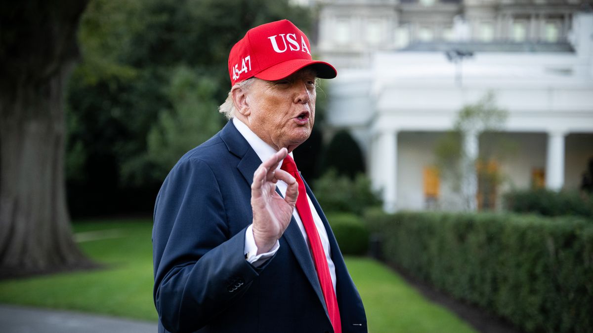 US President Donald Trump speaks to members of the media on the South Lawn of the White House after arriving on Marine One in Washington, DC, US, on Sunday, Oct. 5, 2025. Trump's clash with Oregon escalated after about 100 California National Guard members were deployed to the Pacific Northwest state, despite a court order holding that isolated protests in Portland did not justify the use of federalized troops. Photographer: Graeme Sloan/Bloomberg via Getty Images