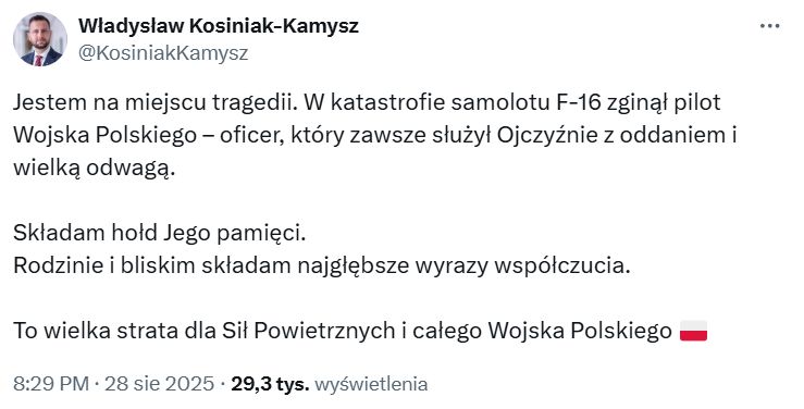 Wpis Władysława Kosiniaka-Kamysza na portalu X