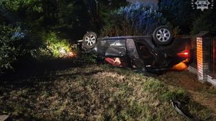 Wypadek w Żorach. Staranował ogrodzenie i wylądował na drzewie