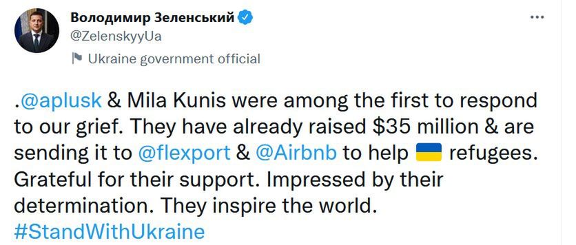 Wołodymir Zełenski dziękuje Mili Kunis i Ashtonowi Kutcherowi