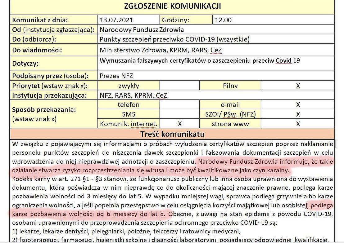 Narodowy fundusz Zdrowia ostrzega lekarzy przed próbami wyłudzeń certyfikatów szczepień