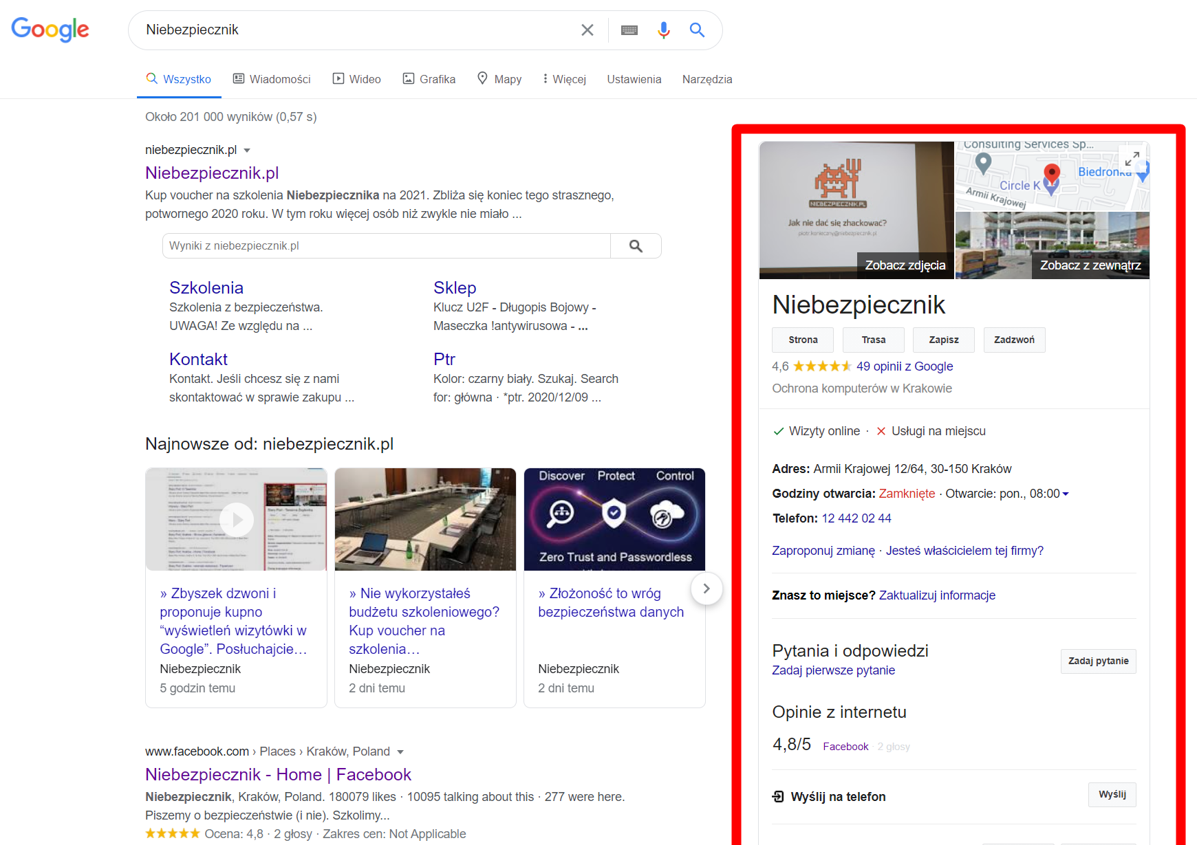 Wizytówka w Google na przykładzie Niebezpiecznika.