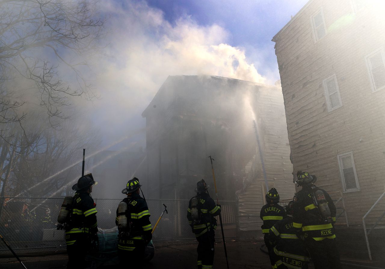 Chelsea, MA - March 1: Chelsea firefighters battle a blaze at 50 Maverick Street. (Photo by David L. Ryan/The Boston Globe via Getty Images)