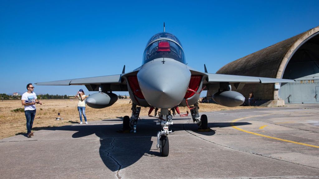 Alenia Aermacchi M-346 Military Jet In Athens Flying Week
Alenia Aermacchi M-346 Master, a twin engine trainer jet aircraft and light attack of the Italian Air Force as seen on display parked at the tarmac in Tanagra LGTG Air Base near Athens During the Athens Flying Week 2019 Air show. The military jet is made in Italy by Alenia Aermacchi and Leonardo. The Hellenic Air Force HAF announced in January 2021 plans to acquire 10 of the Israeli M-346 Lavi variants for use as trainers in a new flight school. Tanagra Airport, Attika, Greece on September 2019 (Photo by Nicolas Economou/NurPhoto via Getty Images)
NurPhoto
aermacchi, air, alenia, alenia aermacchi t-346a master, aviation, eu, european, flight, fly, leonardo, m-346, tanagra, tarmac, vehicle, yak-130, yakovlev, advanced, aeronautics, aeroplane, aerospace, afw, air base, air show, airbase, aircraft, ammo, athens flying week, athens flying week 2019, attack, attika, background, blue sky, bomber, combat, defence, defense, demo