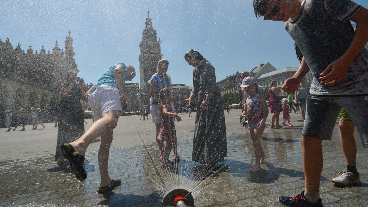The Hottest Day in Krakow
People having fun playing with a water sprinkler in Krakow's Main Square as temperatures reach 37 degrees today. The hit wave that was already lasted two days is set to continue for a week.
A water sprinkers were made available for passers-by around Krakow. 
On Tuesday, August 1st, 2017, in Krakow, Poland. (Photo by Artur Widak/NurPhoto via Getty Images)
NurPhoto
Awailable, Boys, Child, Cracov, Curtain, Environment, Europe, Fun, Heat - Temperature, Heat Wave, Hit Wave, Horizontal, Hot, Krakow, Krakow - Wroclaw, Main Square, Old Town, Passer-by, Photography, Playing, Poland, Polish, Reaching, Refrechment, Sprinker, Sprinkers, Sprinkler, Summer, Sunny, Temperature, Turists, Warm, children, city, enjoying, people, sun, town, water, weather