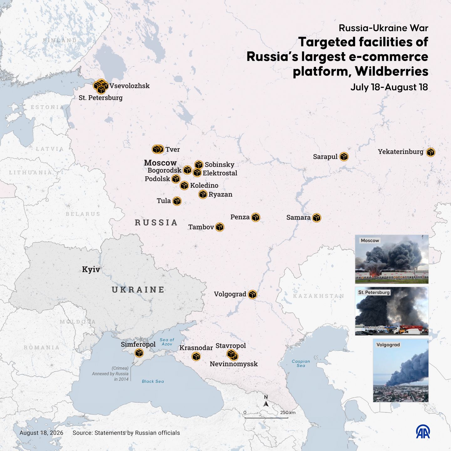 ANKARA, TURKIYE - AUGUST 18: An infographic titled "Targeted facilities of Russiaâs largest e-commerce platform, Wildberries" created in Ankara, Turkiye on August 18, 2026. (Photo by Omar Zaghloul/Anadolu via Getty Images)