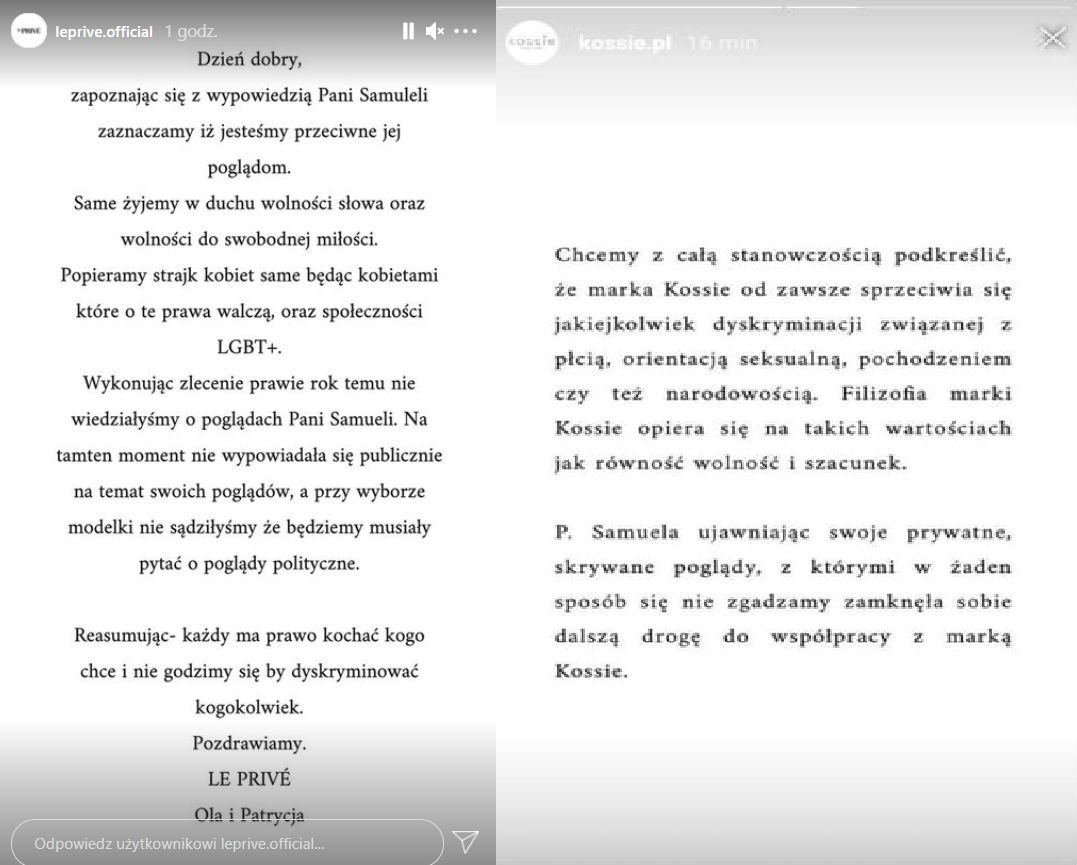 Oświadczenia marek Kossie i Le Prive po słowach Samueli Górskiej