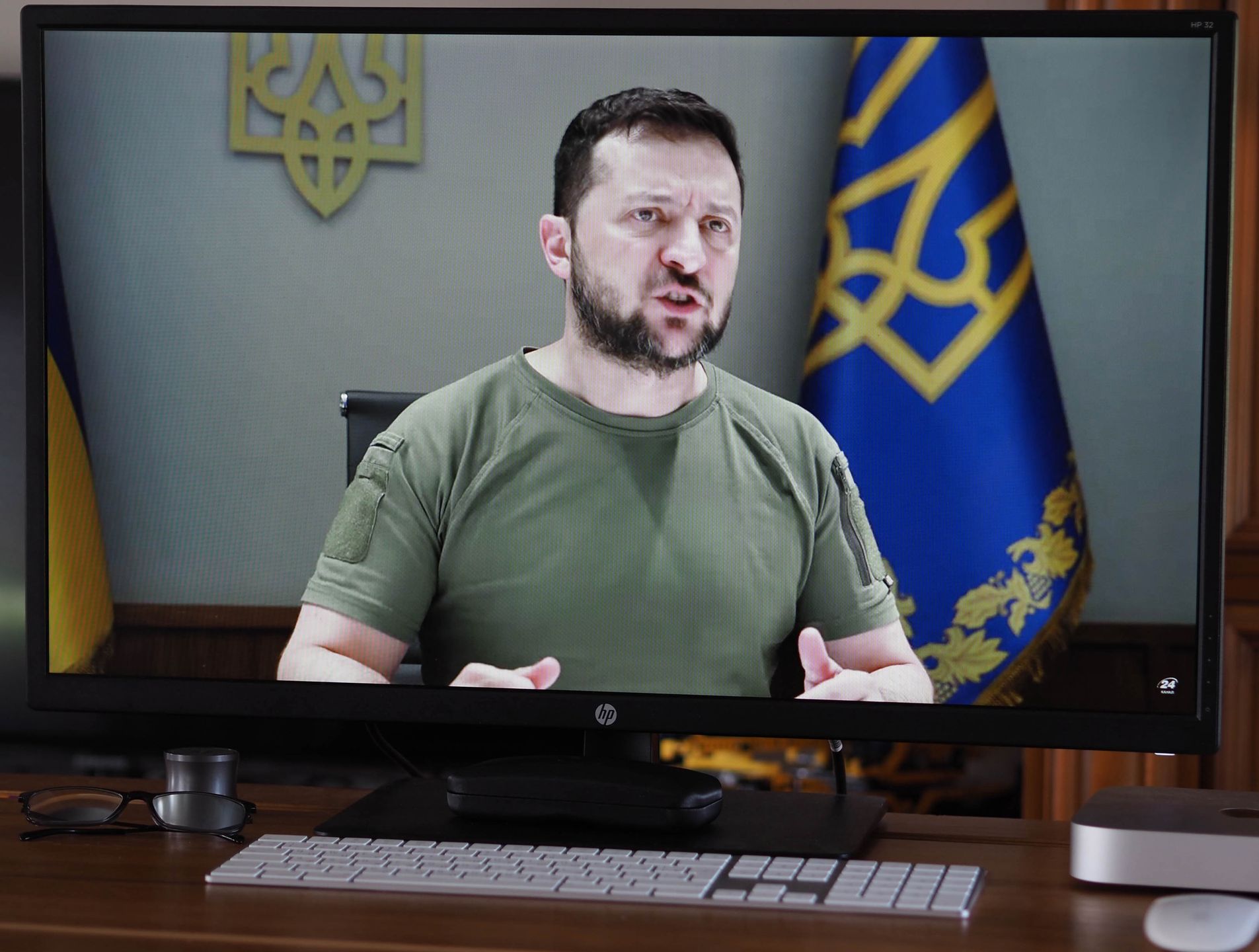 GARHAM, BAVARIA, GERMANY - 2022/07/14: In this photo illustration, a screen showing president of Ukraine Volodymyr Zelensky's speech before the members of the international tribunal in The Hague. He accused the Russian authorities of war crimes and international terrorism. (Photo Illustration by Igor Golovniov/SOPA Images/LightRocket via Getty Images)