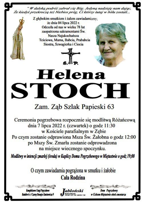 Helena Stoch nie żyje