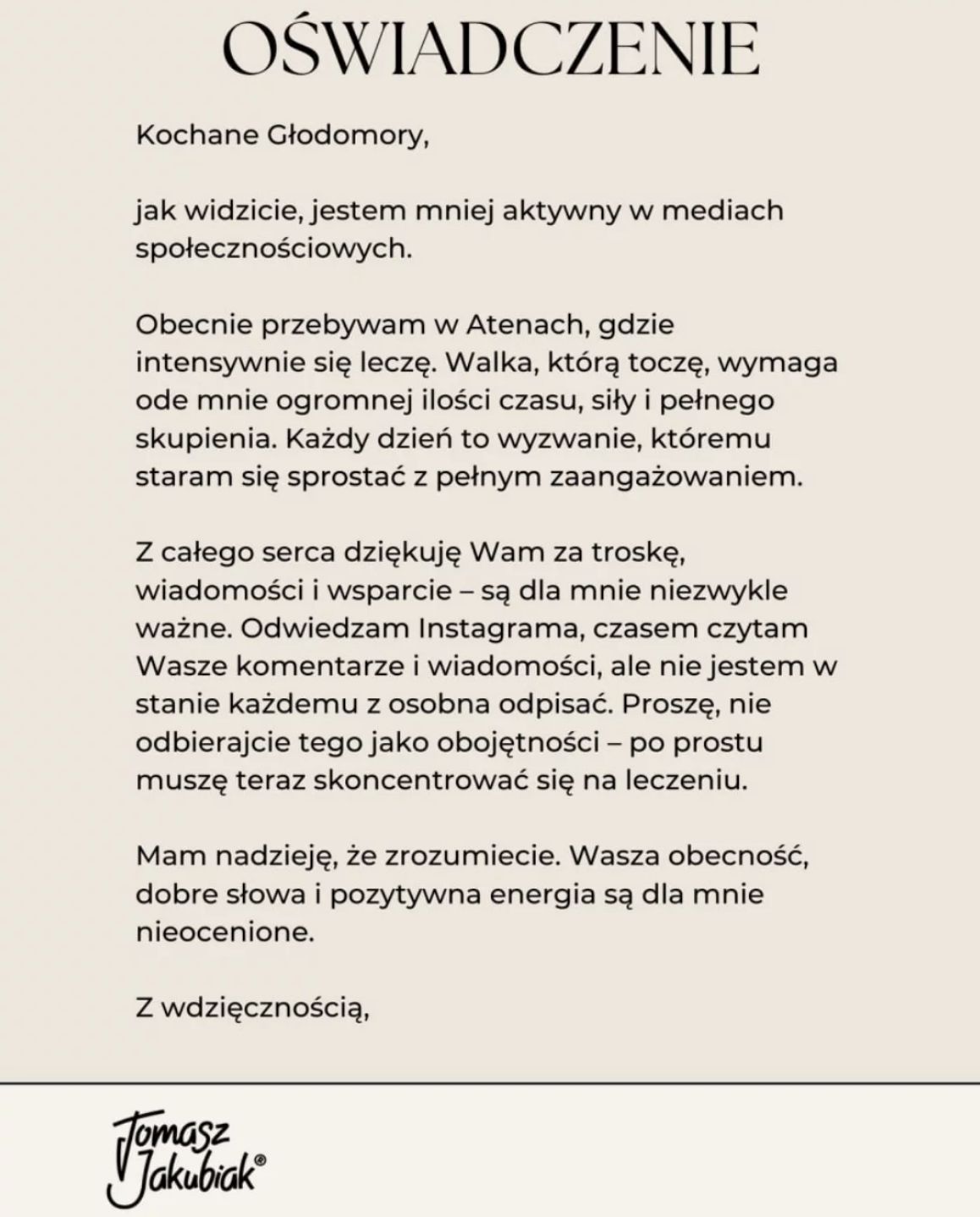 Tomasz Jakubiak opublikował oświadczenie 