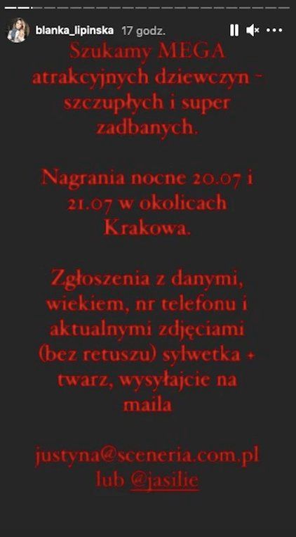 Lipińska ogłosiła rekrutację do filmu na InstaStory