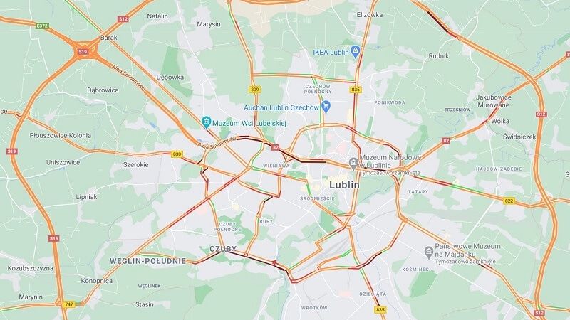 Sytuacja drogowa na ulicach Lublina | Mapy Google
