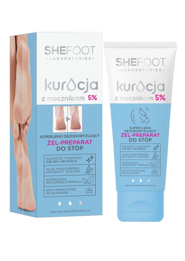 Super lekki deodoryzujący żel-preparat do stóp, z mocznikiem 5%, Kuracja z mocznikiem SHEFOOT Lekki żel dba o skórę stóp w miejscach szczególnie potliwych, skłonnych do rogowaceń, stwardnień i szorstkości. Kosmetyk zapewnia świeżość i komfort stopom każdego dnia również latem. Dzięki zawartości naturalnego ałunu, mikro-srebra i ekstraktu z zielonej herbaty daje uczucie długotrwałej świeżości i pozwala utrzymać prawidłową higienę, skutecznie chroniąc przed przykrym zapachem. Zawarte w formule olejki eteryczne działają odświeżająco na skórę stóp, pozytywnie wpływając na poczucie komfortu.. 