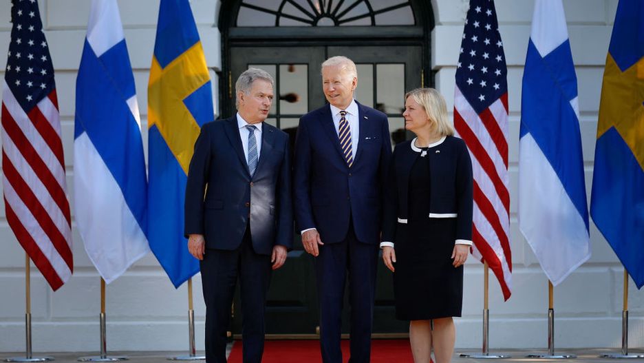 President Biden Welcomes Sweden's Prime Minister Magdalena Andersson And Finland's President Sauli Niinisto To The White HouseWASHINGTON, DC - MAY 19: U.S. President Joe Biden (C), Sweden's Prime Minister Magdalena Andersson (R) and Finland's President Sauli Niinisto pose for photographs after the European leaders arrived at the White House on May 19, 2022 in Washington, DC. The leaders are meeting with President Biden and other U.S. officials to discuss the two countries request to join the NATO alliance in the wake of Russia's invasion of Ukraine. (Photo by Chip Somodevilla/Getty Images)Chip Somodevilla