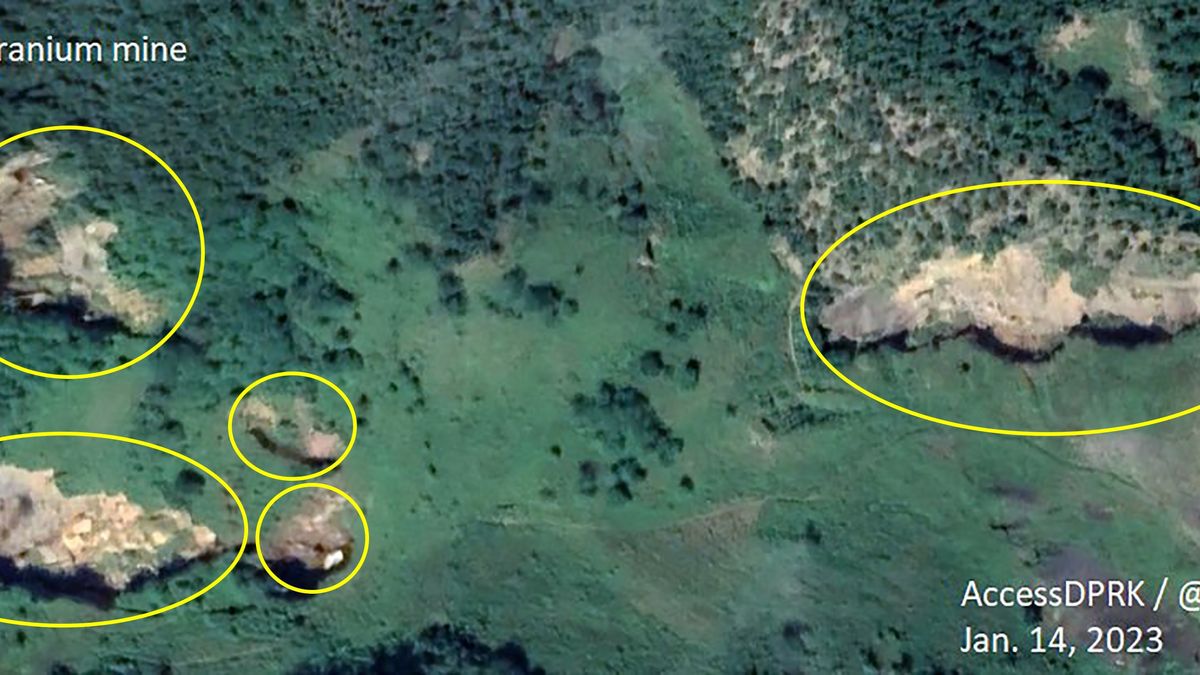 Mapa ze stycznia 2023 r. pokazuje najnowsze zapadliska w kopalni uranu w Korei Północnej.