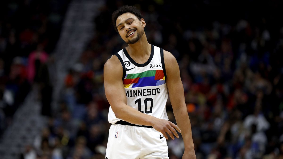 NEW ORLEANS, LOUISIANA - DECEMBER 28: Bryn Forbes #10 of the Minnesota Timberwolves reacts to a call during the second quarter of an NBA game against the New Orleans Pelicans at Smoothie King Center on December 28, 2022 in New Orleans, Louisiana. NOTE TO USER: User expressly acknowledges and agrees that, by downloading and or using this photograph, User is consenting to the terms and conditions of the Getty Images License Agreement. (Photo by Sean Gardner/Getty Images)