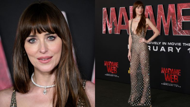 Dakota Johnson pozuje w przeźroczystej sukience Gucci na premierze filmu Marvela (ZDJĘCIA)