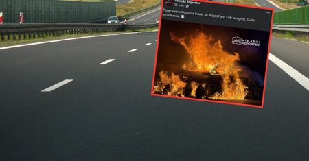 Groźny pożar na trasie S8 w Warszawie. Auto spłonęło doszczętnie