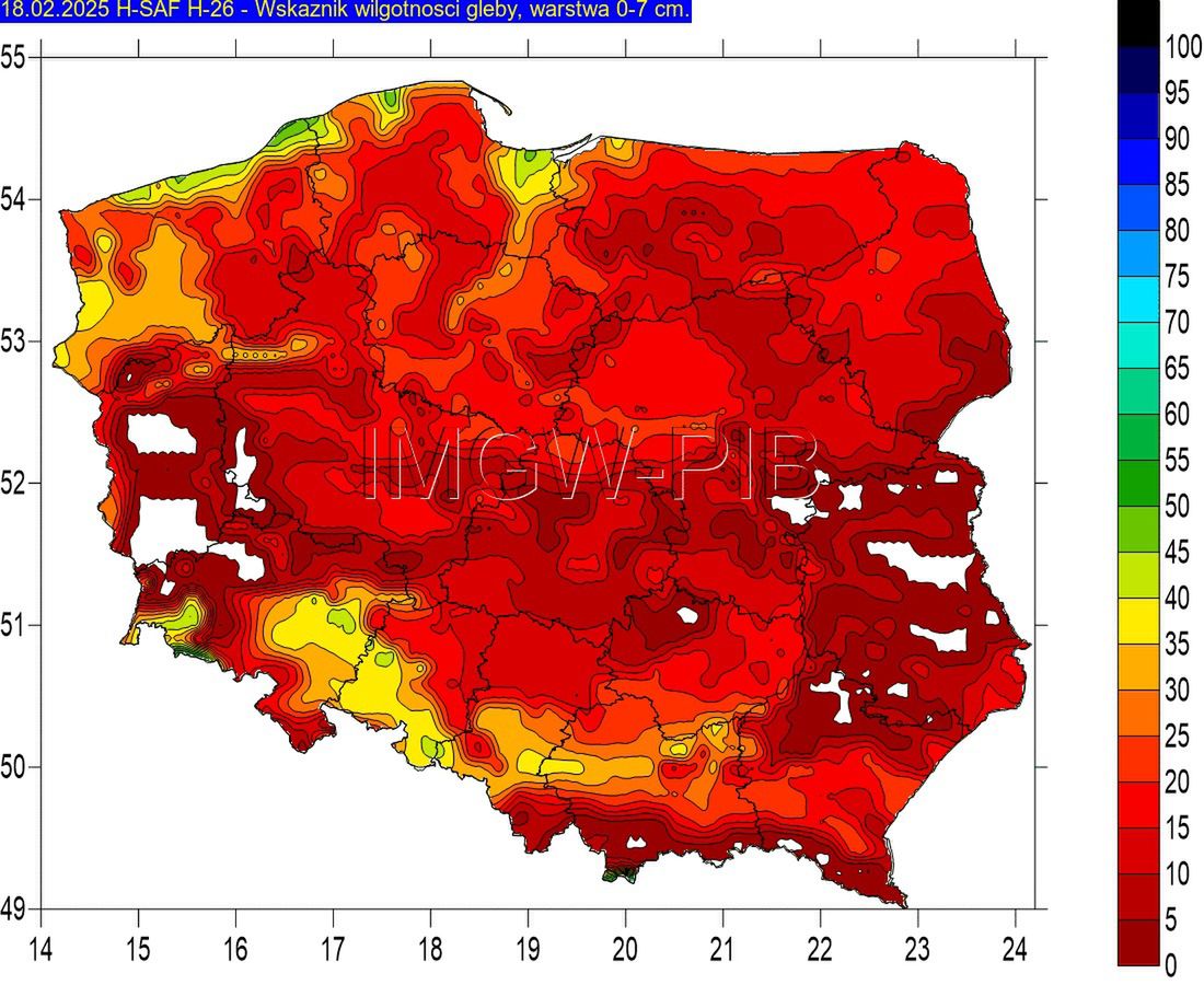 Mapa wilgotności gleby - stan na 18 lutego 2025 roku.