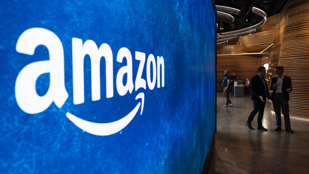 The Amazon logo appears on a screen panel at Amazon's HQ2 in Crystal City, Virginia on September 20, 2023. (Eric Lee for the Washington Post)