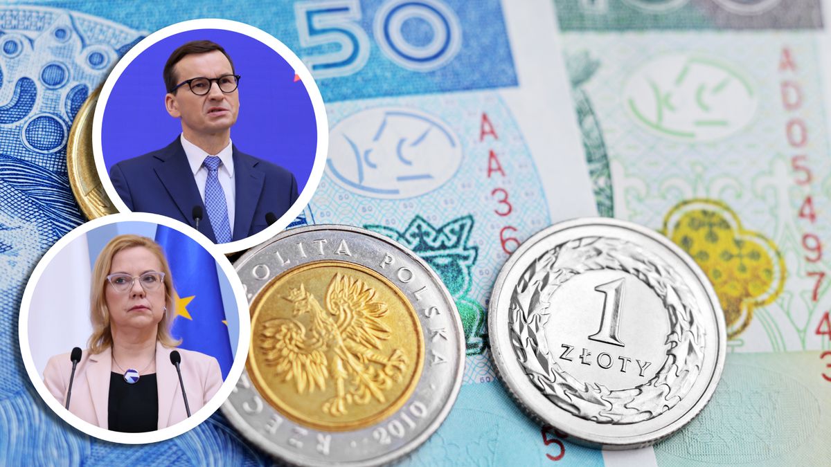 Na zdjęciu twarze Mateusza Morawieckiego i Anny Moskwy na tle pieniędzy