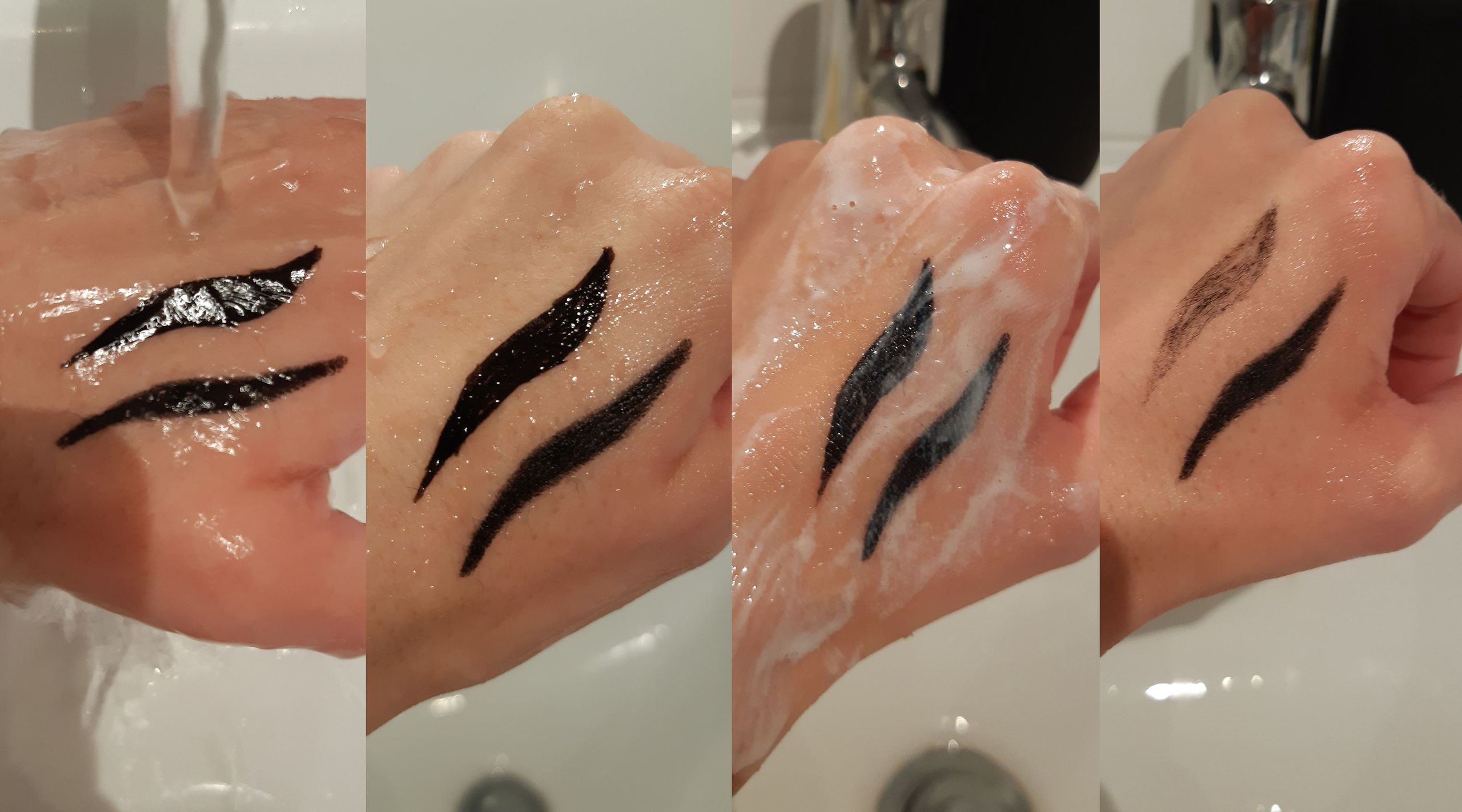 Domowy test wodoodporności eyelinera (na górze) i kredki (na dole) Jusee