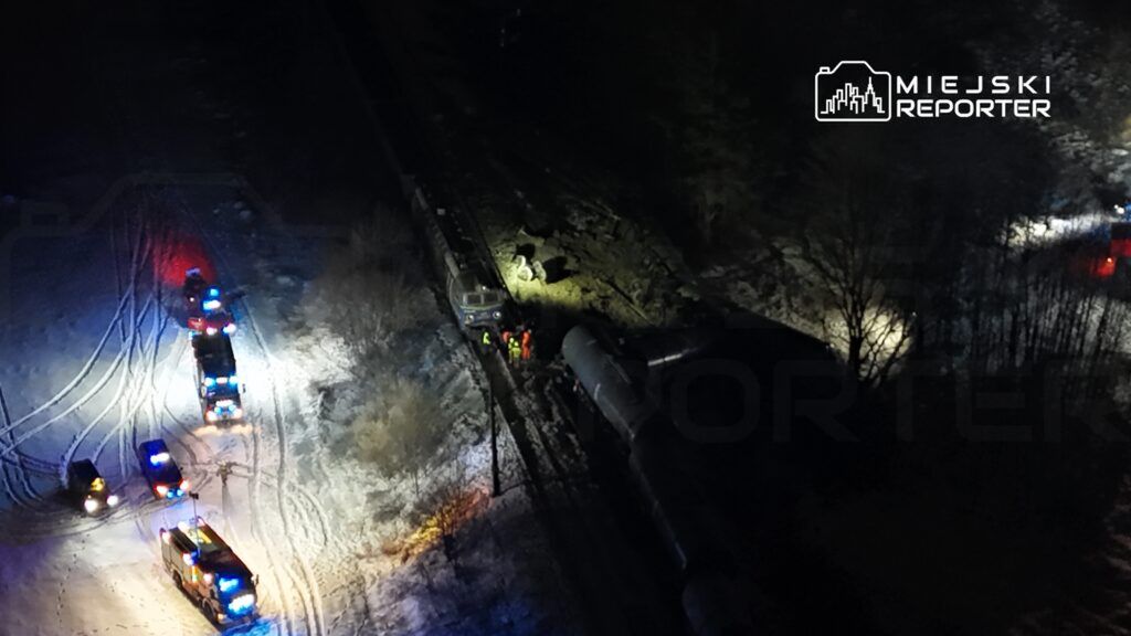 Grupa ratowników w odblaskowych kamizelkach bada miejsce wypadku kolejowego w ciemnym, leśnym terenie, otoczona pojazdami służb.