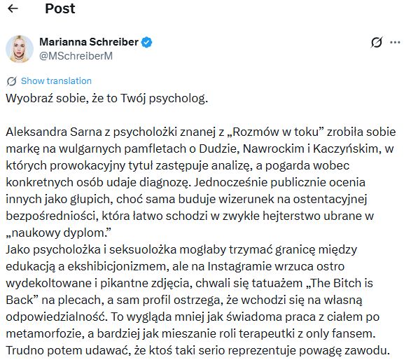 Marianna Schreiber z wpisem pełnym zarzutów