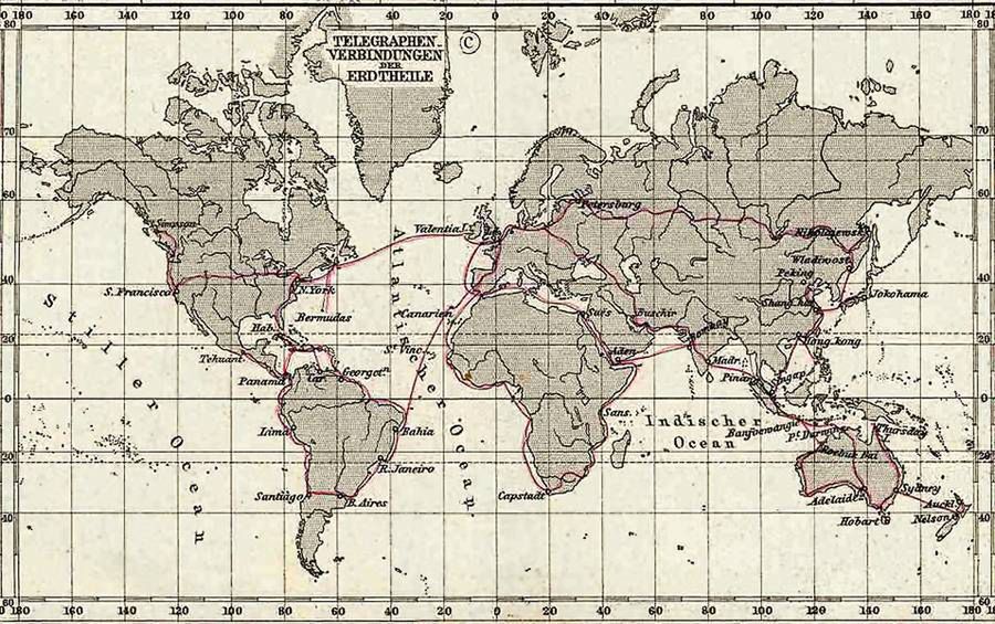 Globalny system łączności - najważniejsze linie telegraficznie w 1891 roku (Fot. Wikimedia Commons)