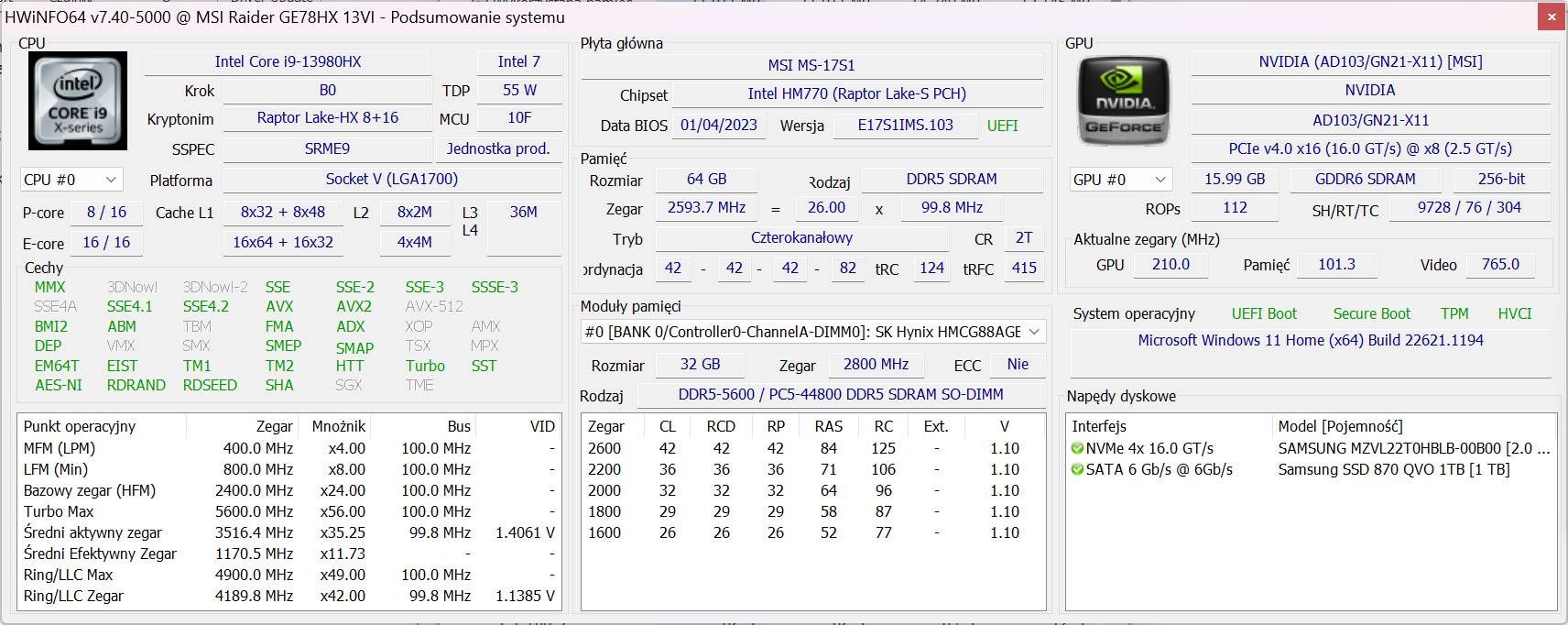 MSI Raider GE78 HX 13V - hwinfo
