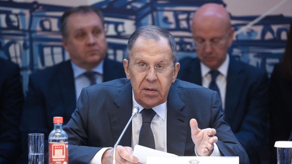 MOSCOW, RUSSIA - FEBRUARY 5: (----EDITORIAL USE ONLY - MANDATORY CREDIT - 'RUSSIAN FOREIGN MINISTRY / HANDOUT' - NO MARKETING NO ADVERTISING CAMPAIGNS - DISTRIBUTED AS A SERVICE TO CLIENTS----) Russian Foreign Minister Sergei Lavrov speaks during the roundtable meeting on Ukraine with ambassadors in Moscow, Russia on February 05, 2025. Russia on Wednesday slammed US President Donald Trump's plan to take over the Gaza Strip as a manifestation of the Western "cancel culture." Speaking at a roundtable meeting on Ukraine with ambassadors in Moscow, Lavrov argued that this "culture of cancellation" has now become particularly evident in relation to the situation in the Middle East. (Photo by Russian Foreign Ministry / Handout/Anadolu via Getty Images)