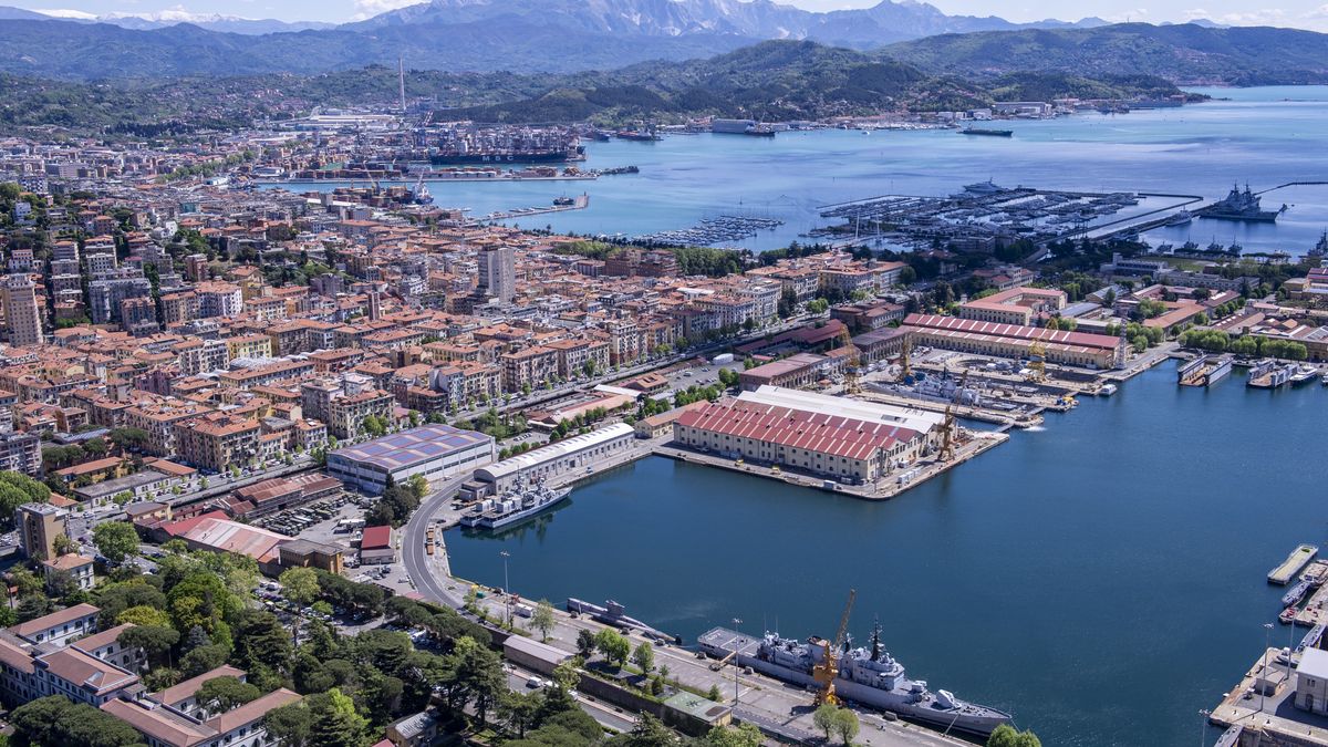 LA SPEZIA, ITALY - APRIL 19: Aerial view of the city with the harbour on April 19, 2017 in La Spezia, Italy.  (Photo by Fabrizio Villa/Getty Images)