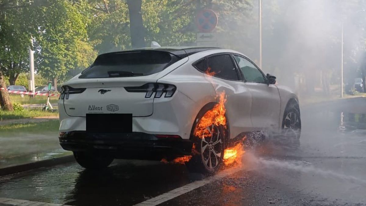 W Trójmieście zapalił się elektryczny Mustang, strażacy musieli go chłodzić