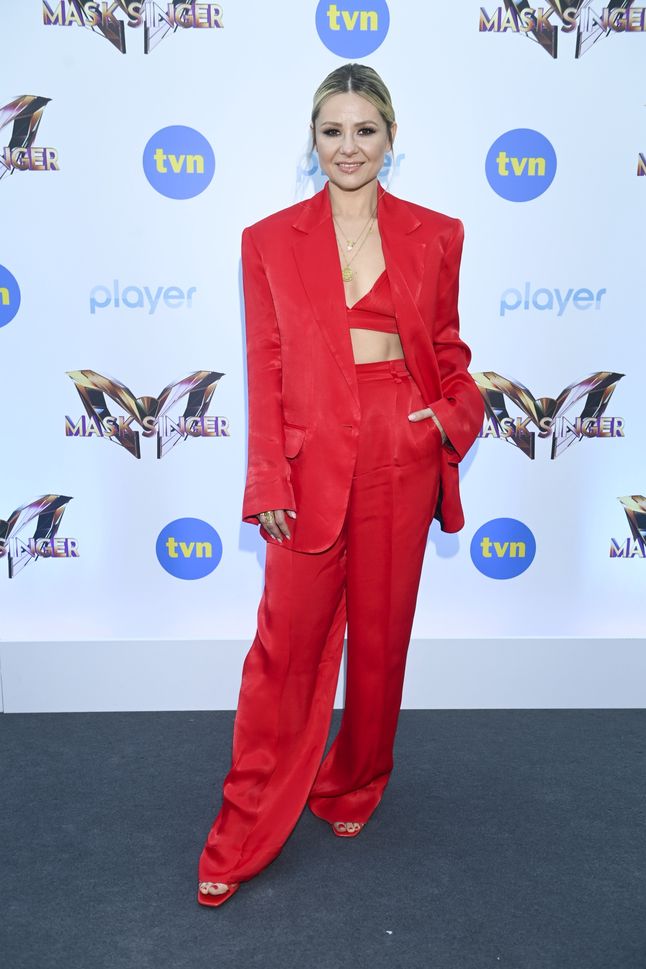 Anna Karwan opted for a fashionable look in intense red 