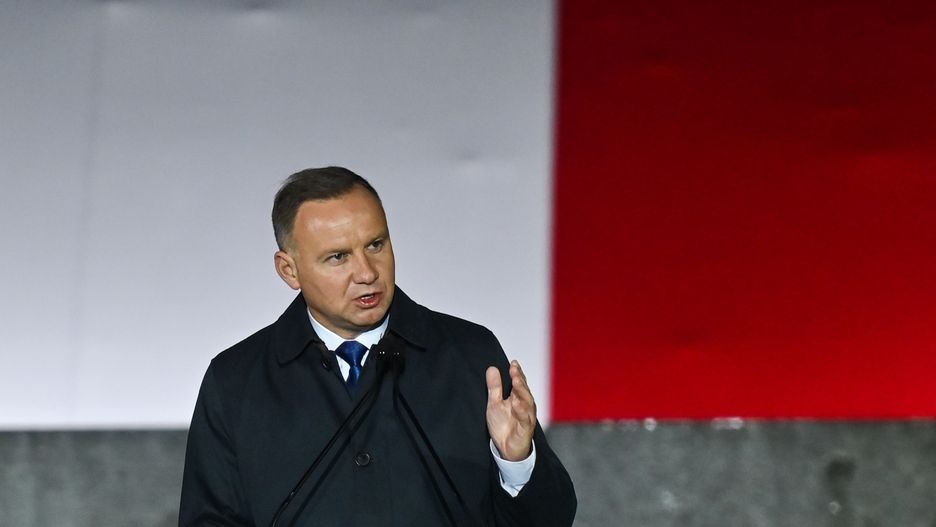 GDANSK, POLAND - SEPTEMBER 01: Andrzej Duda, the President of Poland, speaks outside the Monument to the Defenders of Westerplatte, during the celebration of the 83rd anniversary of World War II outbreak in Westerplatte, Gdansk.The Battle of Westerplatte was the first clash between Polish and German troops during the German invasion of Poland on September 1, 1939, and thus the beginning and the first battle of World War II. (Photo by Artur Widak/Anadolu Agency via Getty Images)