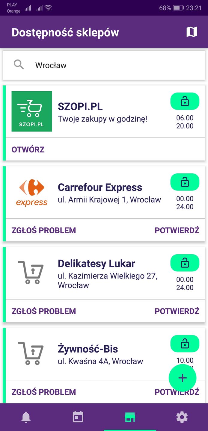 Ekran z listą otwartych sklepów. Informacje może weryfikować każdy użytkownik.
