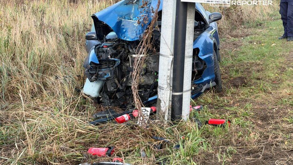 Niebieski samochód osobowy z uszkodzoną przednią częścią, stojący przy słupie drogowym w zaroślach.