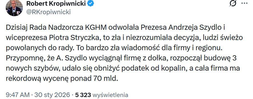 Były wiceminister komentuje zmiany w KGHM