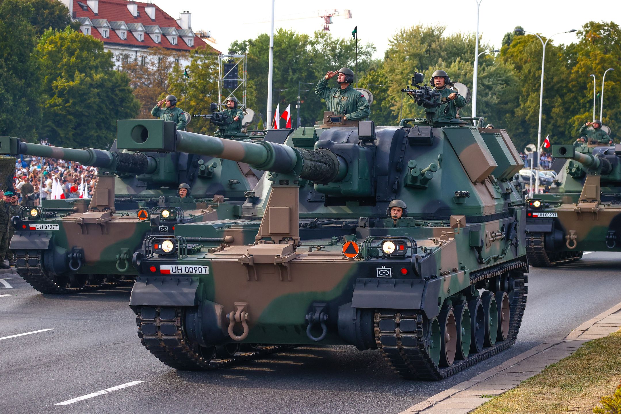 An AHS Krab drives during a military parade on Polish Armed Forces Day in Warsaw, Poland on 15th August, 2024. Every year on 15 August Poland commemorates the Battle of Warsaw, also known as the Miracle on the Vistula. In 1920, the Polish army stopped Soviet troops, preventing their aggression against Europe. (Photo by Beata Zawrzel/NurPhoto via Getty Images)
