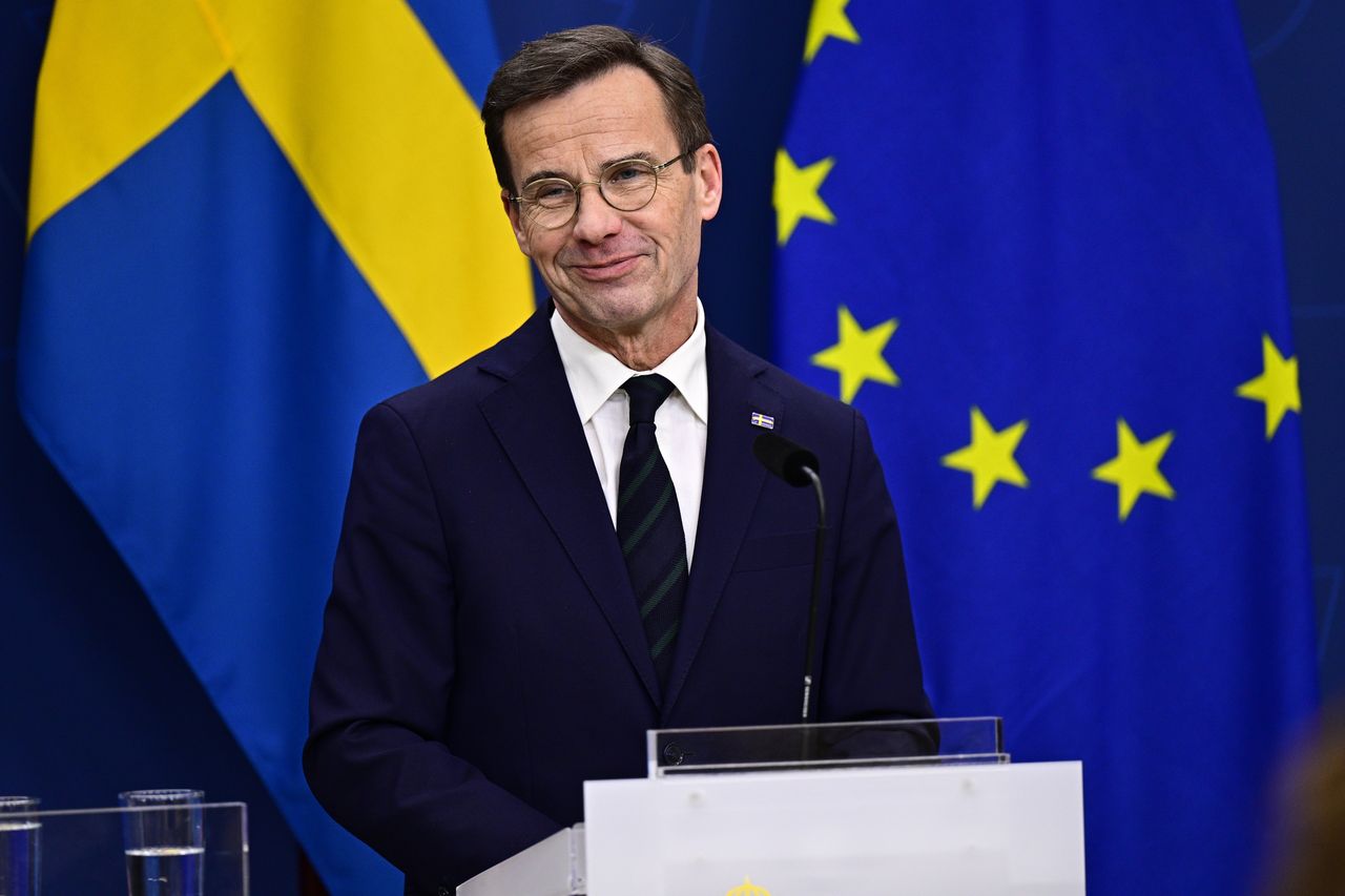 Prime Minister of Sweden Ulf Kristersson during a press conference in Stockholm.