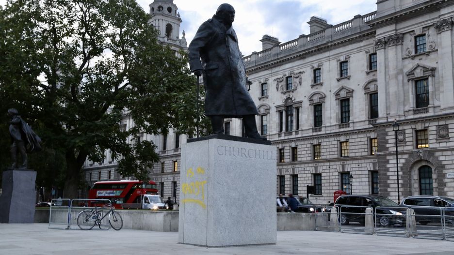 LONDON, UNITED KINGDOM- SEPTEMBER 10: The statue of Winston Churchill is seen vandalised with spray paint on the last day of 10-day Extinction Rebellion protests on September 10, 2020 in London, United Kingdom. (Photo by Hasan Esen/Anadolu Agency via Getty Images)