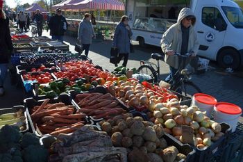 Stalowa Wola: Piątkowy targ w słońcu przed dniem Wszystkich Świętych