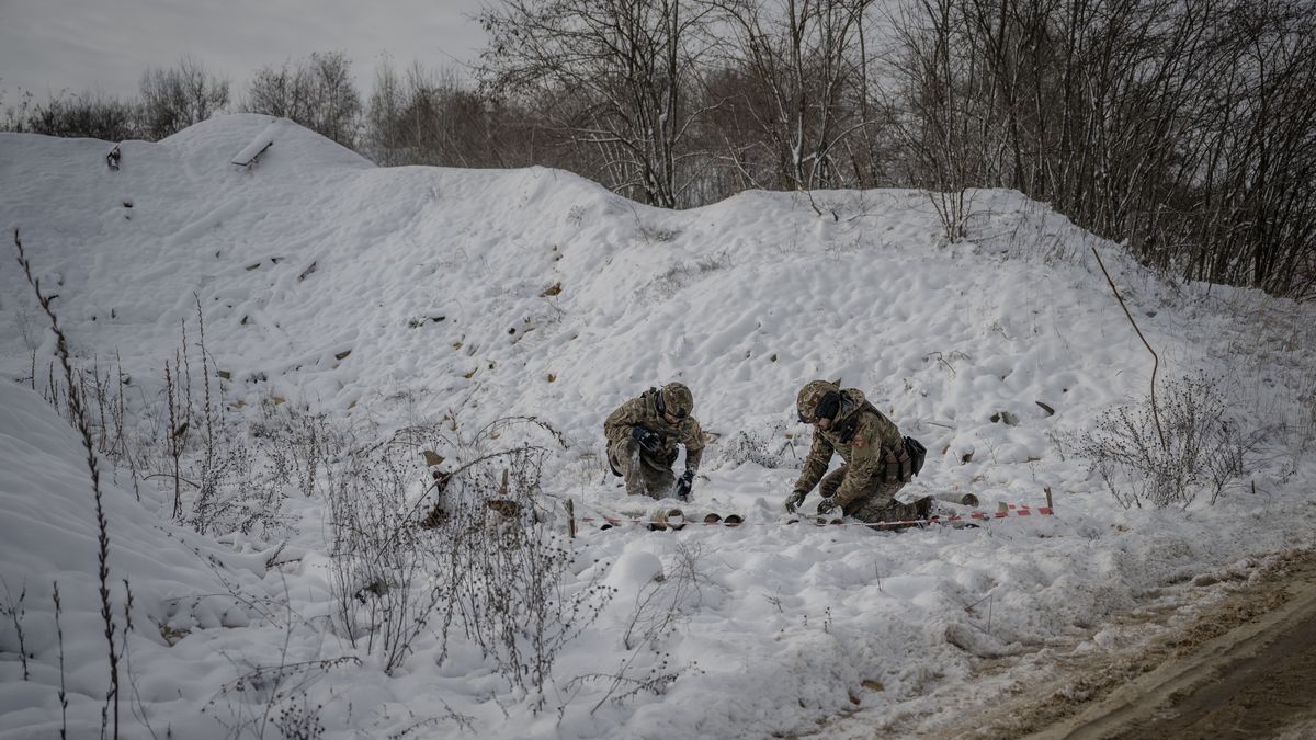 UKRAINE - NOVEMBER 22: Specially trained Ukraine Army soldiers clear out the areas reclaimed from Russian forces from explosives and ammunitions in Ukraine on November 22, 2023. (Photo by Ozge Elif Kizil/Anadolu via Getty Images)