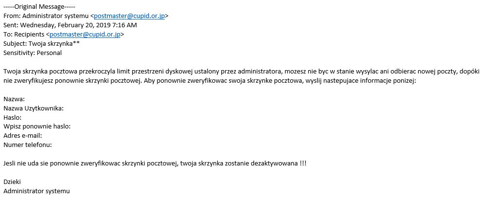 Przykładowy e-mail wyłudzający dane, wykryty przez filtr antyspamowy