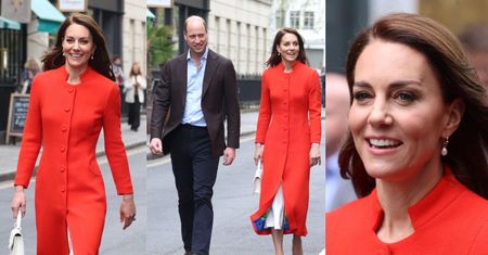 Kate Middleton w czerwonym płaszczu emanuje elegancją podczas wypadu z Williamem na miasto. Ikona stylu? (ZDJĘCIA)