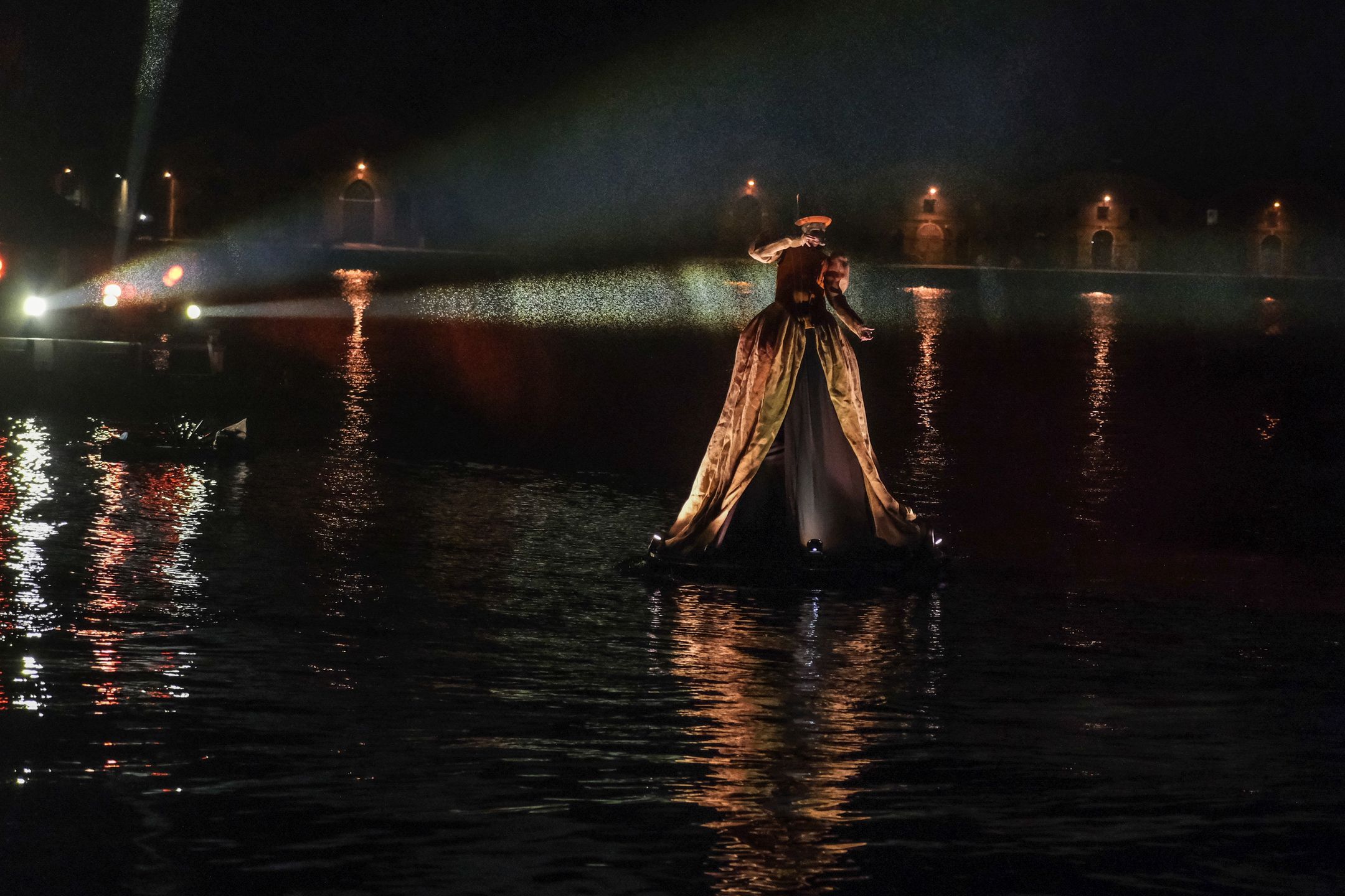 VENICE, ITALY - FEBRUARY 10: Artist performs by boat at Arsenale during "Original Signs" show organized by Vela Spa on February 10, 2023 in Venice, Italy. The Venice Carnival will begin on February 4 and end on February 21 2023 and will be titled "Take your Time for the Original Signs" (Photo by Stefano Mazzola/Getty Images)